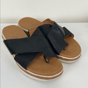 Adrienne Vittadini Black Tan Women's 8.5 Slide Sandals Perry Toe Loop Platform